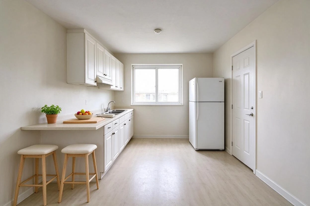 The same kitchen after staging with a breakfast counter, two stools, a herb pot, and a fruit bowl