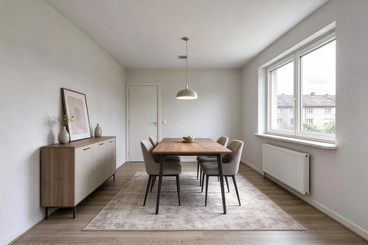 The same dining room staged with a wood dining table, four chairs, pendant light, sideboard, rug, and artwork