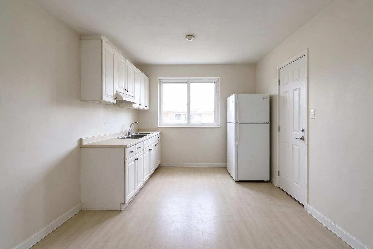 Empty galley kitchen with white cabinets and a fridge before staging
