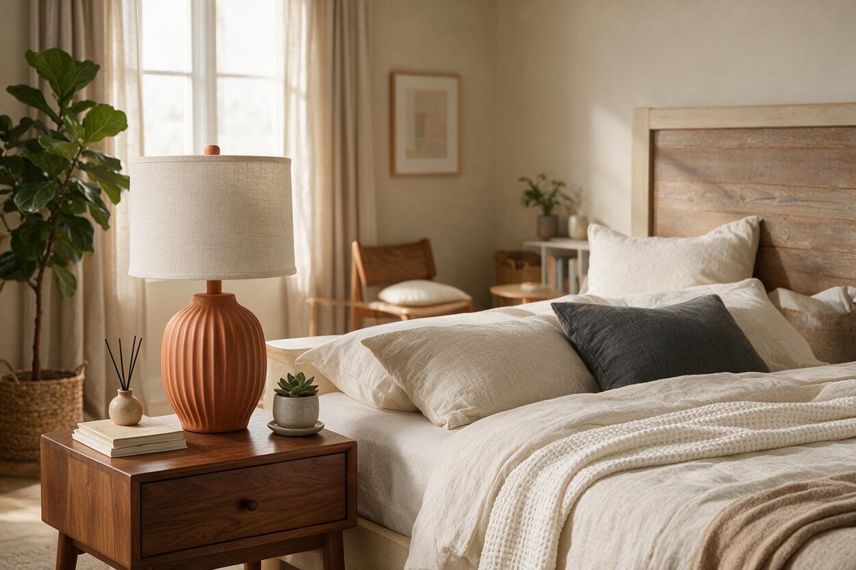 Output: the same lamp staged in a warm bedroom scene