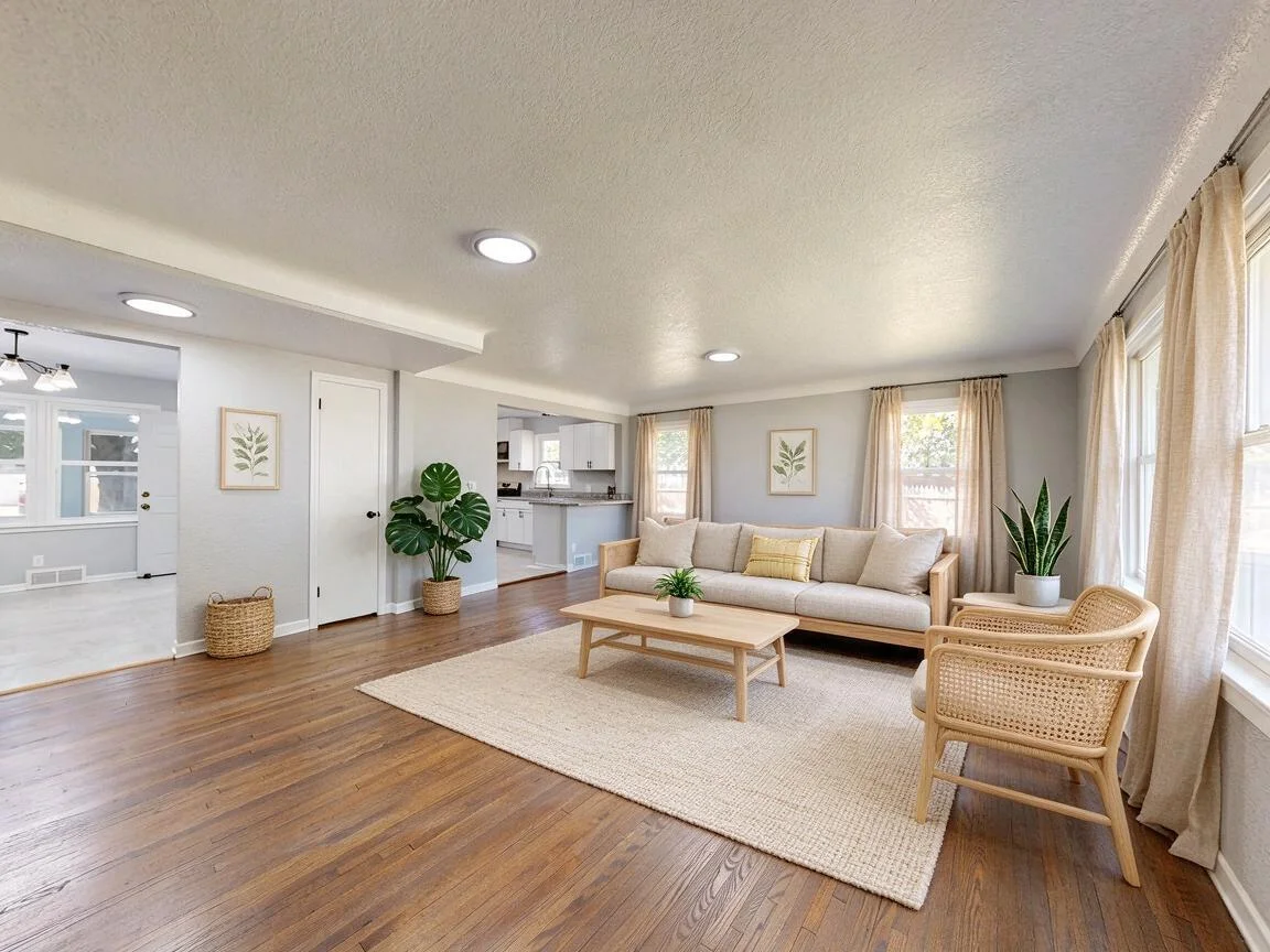 Natural Wood living room, AI restyle after